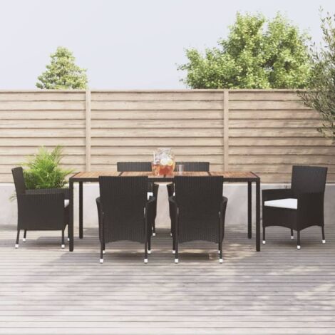 7 Piece Garden Dining Set with Cushions Black Poly Rattan vidaXL