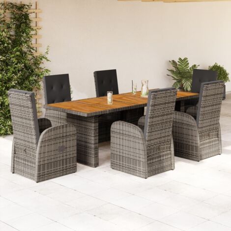 7 Piece Garden Dining Set with Cushions Grey Poly Rattan vidaXL