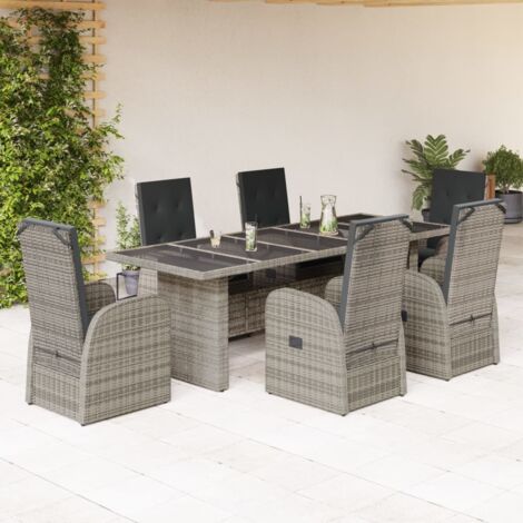 7 Piece Garden Dining Set with Cushions Grey Poly Rattan vidaXL