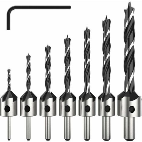 7 Pièce HSS 5 Flûte Jeu de Foret Fraise Bit de Vis à Bois Chanfrein pour Diverses vis de Longueur par Simple Desserrer et Resserrer la vis, 3-6mm Set Outil..