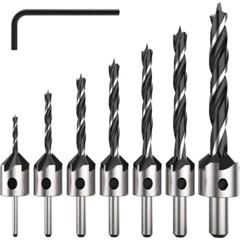 7 Pièce HSS 5 Flûte Jeu de Foret Fraise Bit de Vis à Bois Chanfrein pour Diverses vis de Longueur par Simple Desserrer et Resserrer la vis, 3-6mm Set Outil..DEBUNS