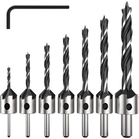 7 Pièce HSS 5 Flûte Jeu de Foret Fraise Bit de Vis à Bois Chanfrein pour Diverses vis de Longueur par Simple Desserrer et Resserrer la vis, 3-6mm Set Outil..DEBUNS