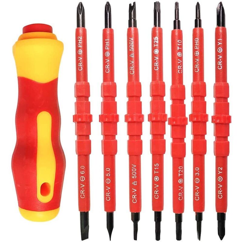 7 Pieces Electrician Insulated Screwdriver Set - Solid Electromagnetic Insulated Screwdriver Set - 500V - Multi-Function - 14 in 1 Chrome Vanadium