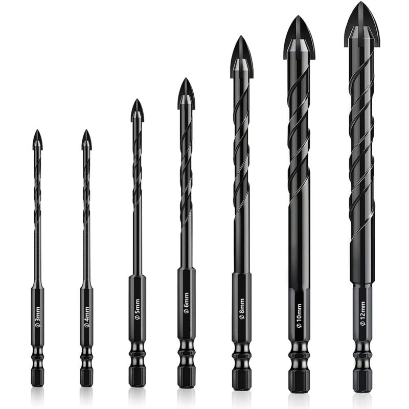 7 Pièces Jeu de Foret pour Carrelage, Foret à Verre de 3 à 12 mm, Foret Mèche à Tige Hexagonale, Jeu de Mèches Multiples pour Céramique, Béton,