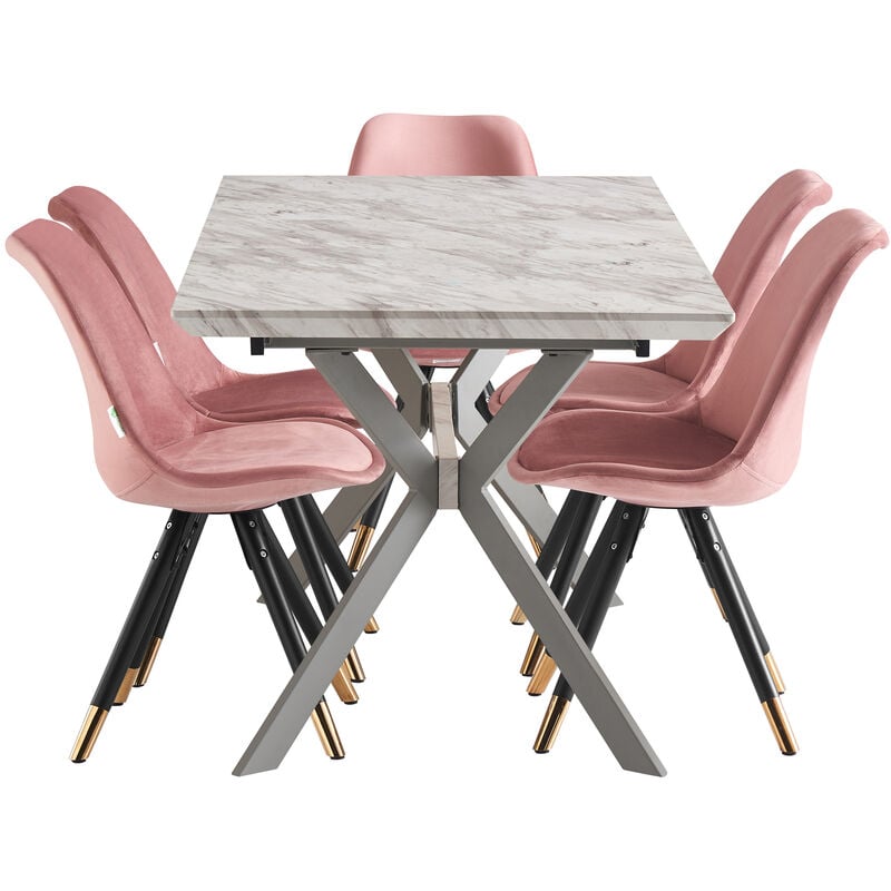 7 Pieces Life Interiors Sofia Blaze Dining Set - a White Extendable Rectangular Wooden Dining Table and Set of 6 Pink Dining Chairs - Pink