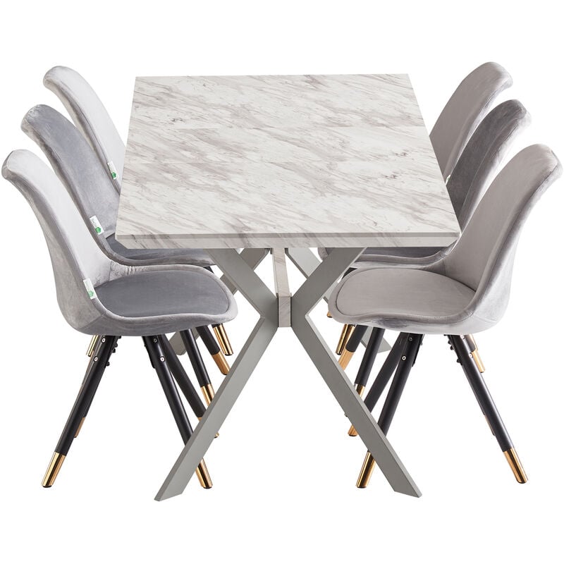 7 Pieces Life Interiors Sofia Blaze Dining Set - a White Extendable Rectangular Wooden Dining Table and Set of 6 Light Grey Dining Chairs - Light Grey