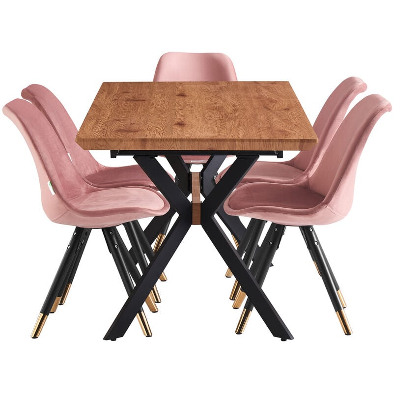 7 Pieces Life Interiors Sofia Blaze Dining Set - an Extendable Oak Rectangular Wooden Dining Table and Set of 6 Pink Dining Chairs - Pink