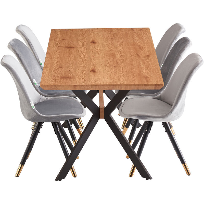 7 Pieces Life Interiors Sofia Blaze Dining Set - an Extendable Oak Rectangular Wooden Dining Table and Set of 6 Light Grey Dining Chairs - Light Grey