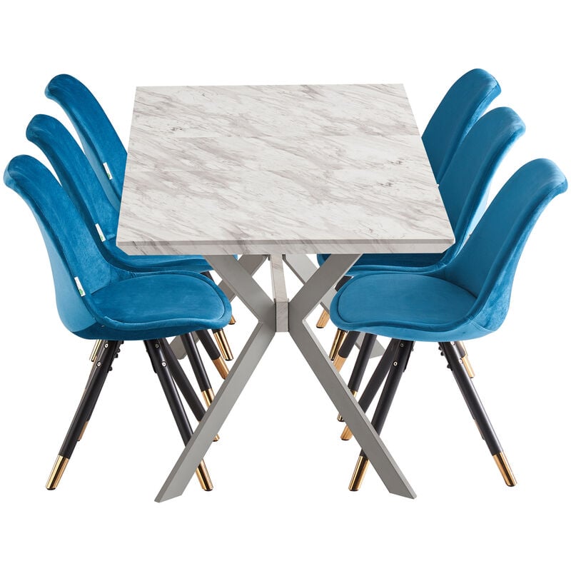 7 Pieces Life Interiors Sofia Blaze Dining Set - a White Extendable Rectangular Wooden Dining Table and Set of 6 Blue Dining Chairs - Blue