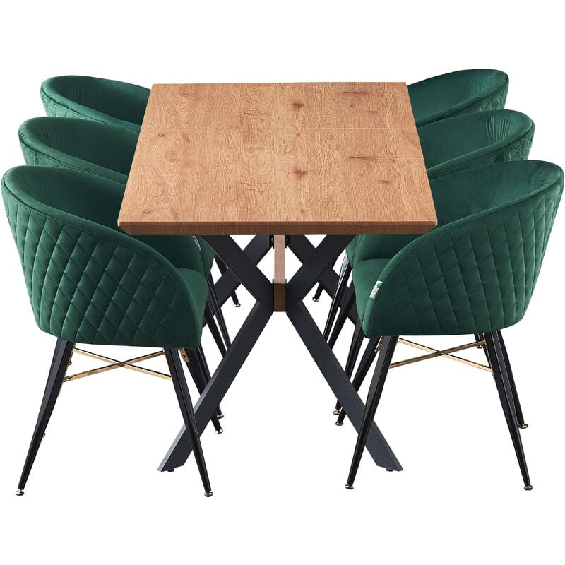 Life Interiors - 7 Pieces Vittorio Blaze Dining Set - an Extendable Oak Rectangular Wooden Dining Table and Set of 6 Green Dining Chairs - Green
