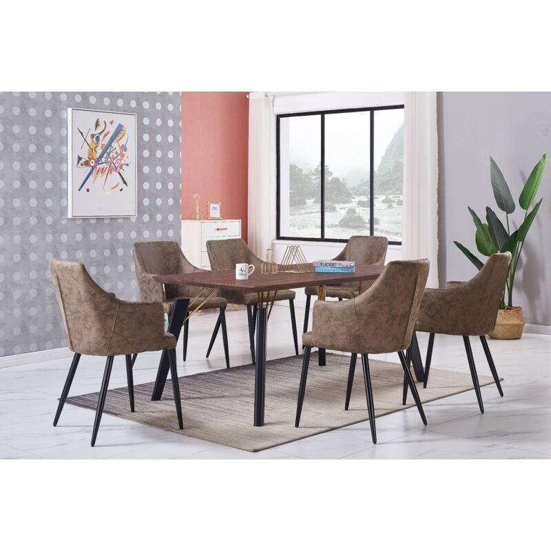 Life Interiors - Cosmo lux Zarah Dining Set - a Walnut Wooden Dining Table and Set of 6 Brown Leather Dining Chairs - Dining Room Kitchen