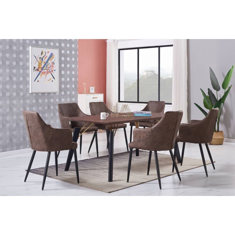 Cosmo lux Zarah Dining Set - a Walnut Wooden Dining Table and Set of 6 Brown Leather Dining Chairs - Dining Room Kitchen