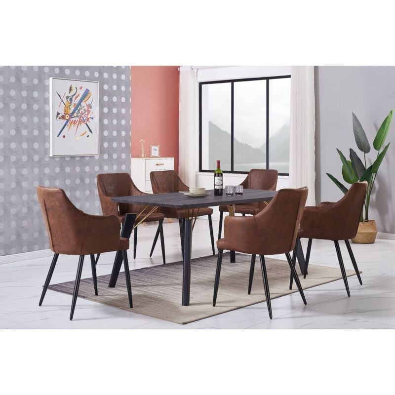 Cosmo lux Zarah Dining Set - a Black Wooden Dining Table and Set of 6 Brown Leather Dining Chairs - Dining Room Kitchen