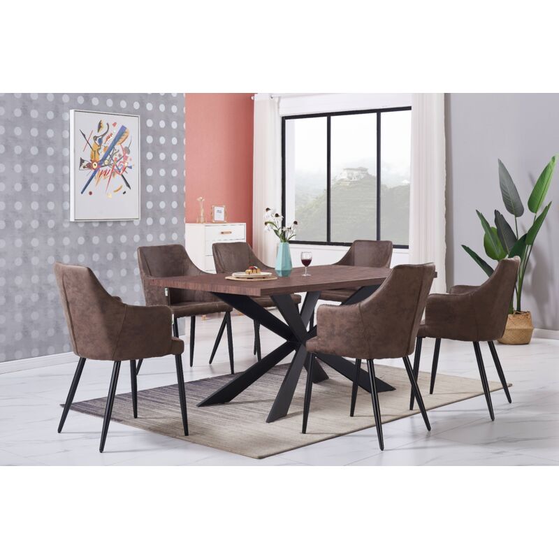 Duke lux Zarah Dining Set - a Walnut Wooden Dining Table and Set of 6 Dark Brown Leather Dining Chairs - Dining Room Kitchen