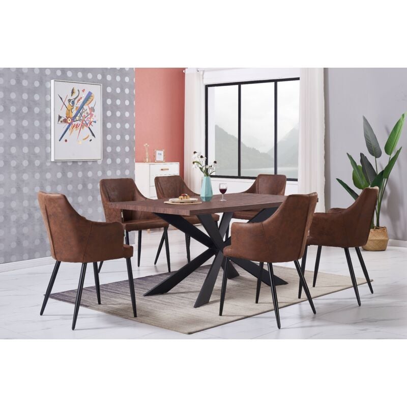 Duke lux Zarah Dining Set - a Walnut Wooden Dining Table and Set of 6 Brown Leather Dining Chairs - Dining Room Kitchen