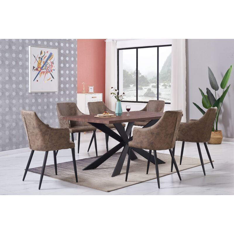 Life Interiors - Duke lux Zarah Dining Set - a Walnut Wooden Dining Table and Set of 6 Light Brown Leather Dining Chairs - Dining Room Kitchen