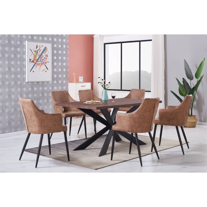 Life Interiors - Duke lux Zarah Dining Set - a Walnut Wooden Dining Table and Set of 6 Beige Leather Dining Chairs - Dining Room Kitchen