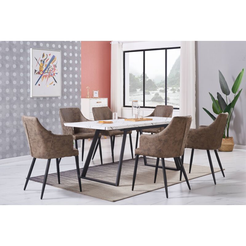 Life Interiors - Toga lux Zarah Dining Set - a White Extendable Dining Table and Set of 6 Light Brown Leather Dining Chairs - Dining Room Kitchen