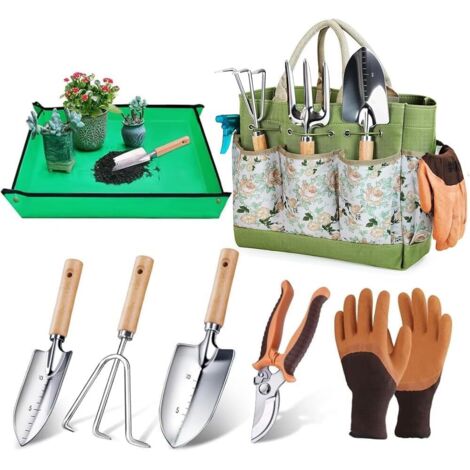 7 pièces Outils Jardinage, Outils de Jardinage en Acier Inoxydable avec XL Sac de Rangement, Gants de, Sac de Transport, Cadeau Pratique pour Jardinière Mère