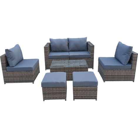 7 Pieces PE Rattan Garden Sofa Set with Glass Table, Stools, Cushions