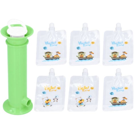 7 pièces Set de Remplisseur de Purée pour Bébé - Sachets de Conservation Alimentaire (Motifs Aléatoires) + Entonnoir - Idéal pour Purées de Fruits Maison - Sans BPA - Pratique et Sécuritaire