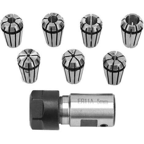 7 Piezas de Set de Pinzas ER11 (1–7 mm), Accesorios para Máquinas de Tornear, Pinzas ER11 con Carga por Resorte, Soportes para Eje de Motor de 5 mm, Barra de Extensión, Herramientas de Fresado y Graba