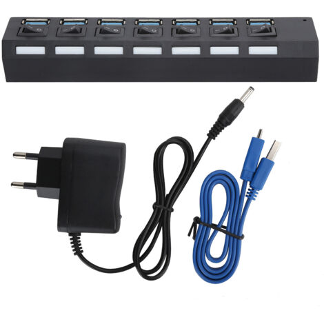 7-Port USB 3.0 Hub mit separaten Stromanschlüssen und Schaltern – Schnellverbindung, EU-Netzteil