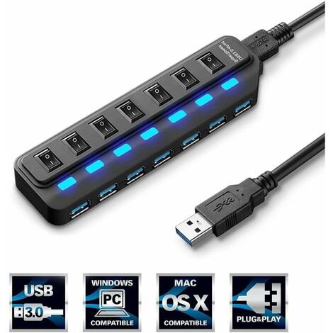 7 Port USB 3.0 Hub, USB Data Splitter, [Plug & Play], Individual Power Switch and LED for iPhone iPad Samsung Windows Mac Surface for Laptop PC PC