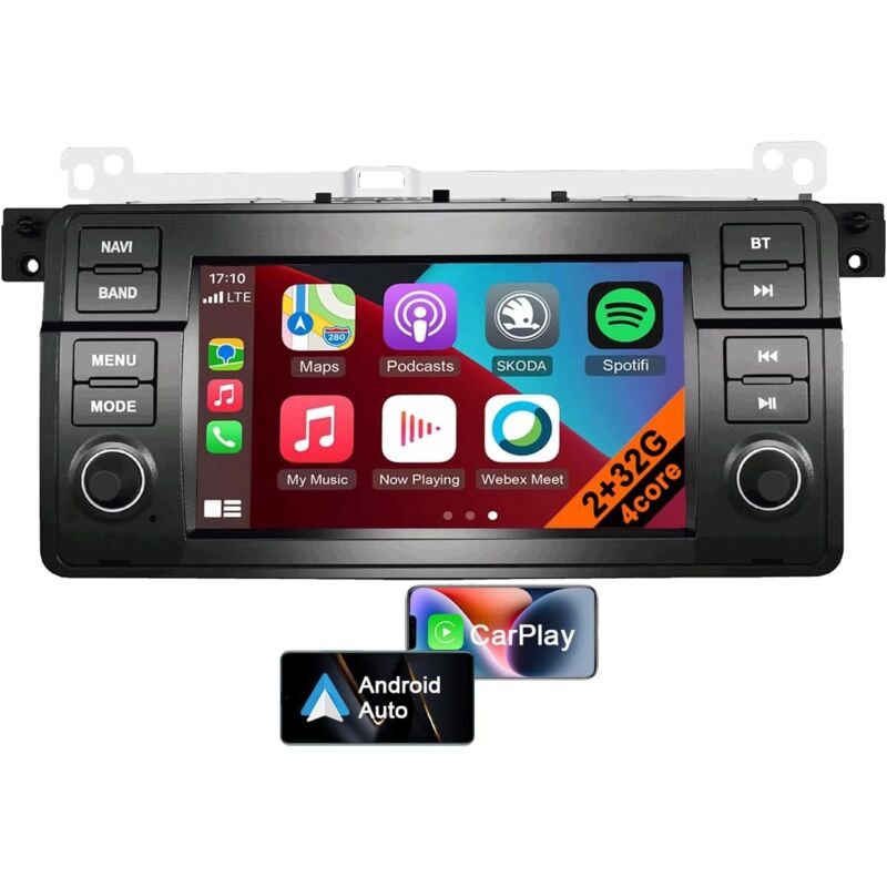 7 Pouces Android 13 pour BMW Série 3 E46, Lecteur Multimédia avec Bluetooth, Radio AM/FM, Supporte Navigation, Contrôle au Volant, Caméra de Recul