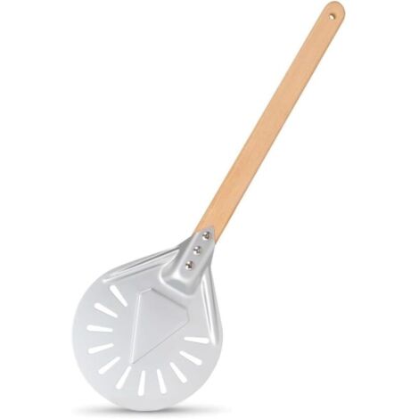 7 Pouces Pelle a Pizza Ronde, Pelle Pizza Perforée en Aluminium avec 40cm Longue Poignée en Bois Amovible Poignée Antidérapante, Pelle Tournante pour Pizza, Pain, Gâteaux