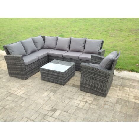 7 seater high back mixed dark grey rattan corner sofa set chair square coffee table outdoor furniture