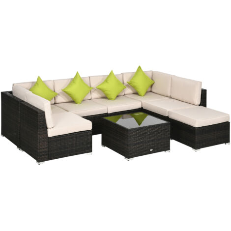 7-Seater PE Rattan Corner Sofa Set, Garden Furniture Set, Patio Wicker Sofa Seater w/ Cushion, Washable Cushion Cover & Tempered Glass Table, Brown
