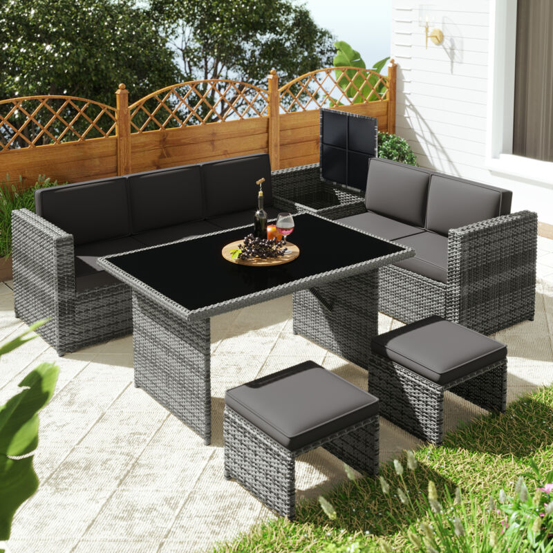 7 Seater pe Rattan Garden Patio Corner Sofa Set with Glass topped 13075cm Dinning Table, with Side Storage and Cushions, Grey