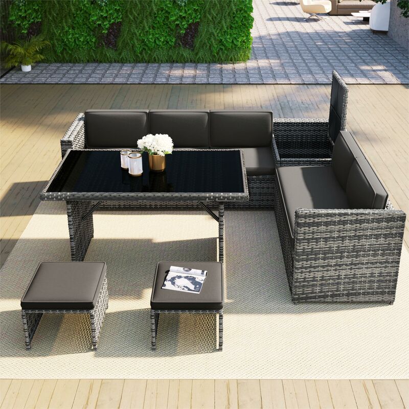 7 Seater Rattan Garden Dining Set Garden Furniture Set Garden Lounge Outdoor Corner Sofa with Storage Box & 2 Stools