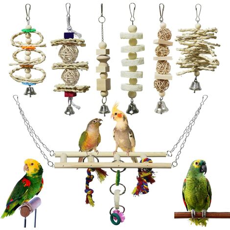 7 Stück Vogel Papagei Spielzeug Naturholz Kauspielzeug Vogelkäfig Spielzeug hängende Schaukel Hängematte Kletterleiter Spielzeug kleiner Papagei, Nymphensittich, Papagei, Vogel, Papagei, Papagei, Lieb