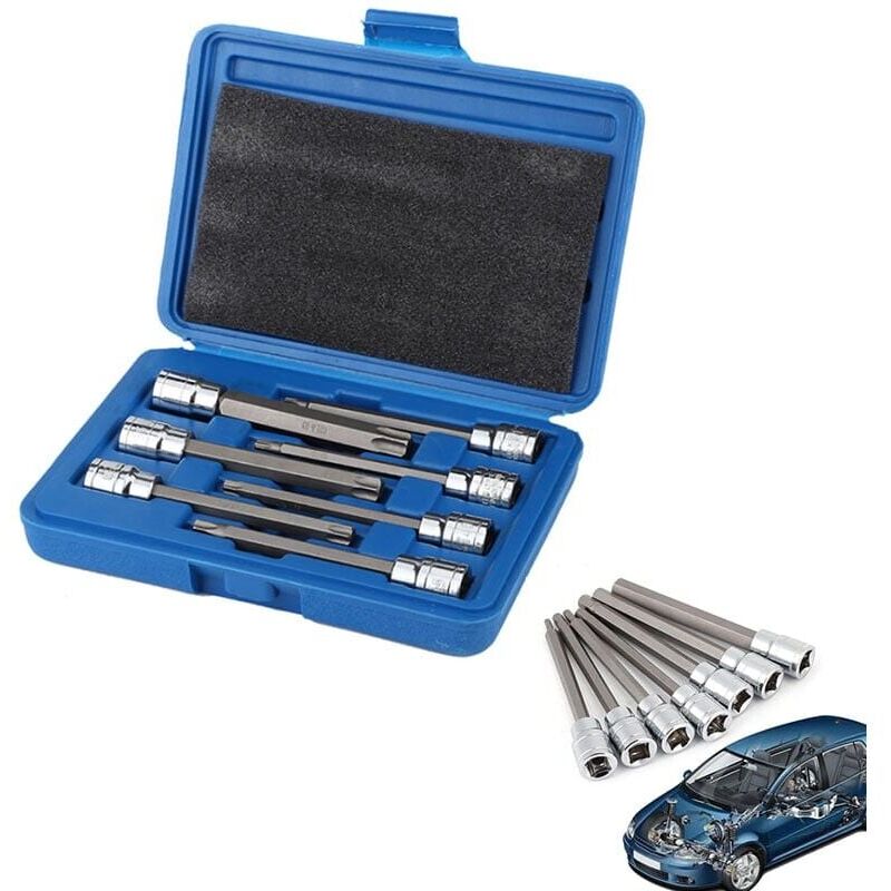 Image of 7-teiliger langer Torx-Steckschlüsselsatz T25 bis T60, 110 x 9,5 mm, mit blauem Etui