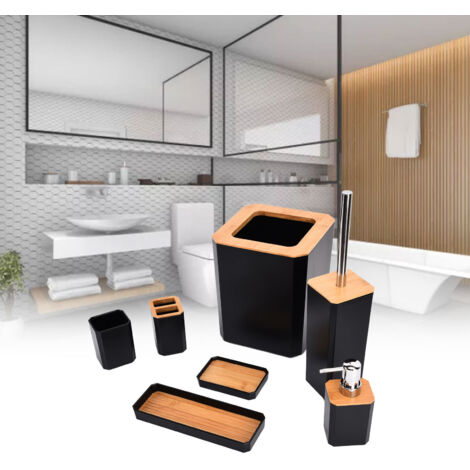 7-teiliges Badezimmer-Accessoire-Set aus Bambus (Schwarz) – Seifenablage, Zahnbürstenhalter, Handtuchhalter und WC-Bürste