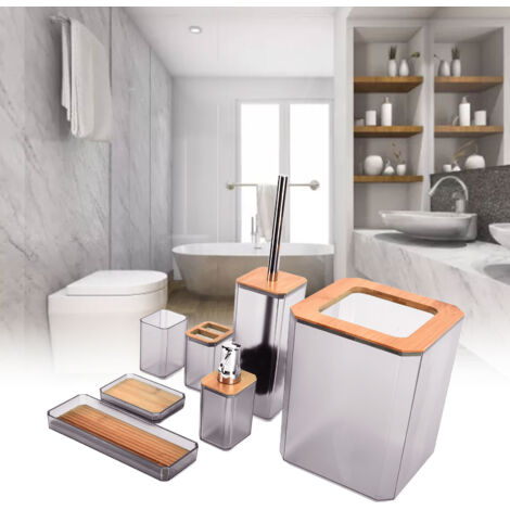 7-teiliges Badezimmer-Accessoire-Set aus Bambus und ABS: Seifenhalter, Toilettenbürste, Grau