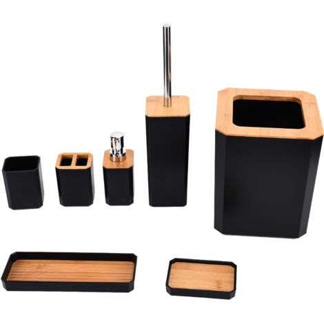 7-teiliges Badezimmer-Set aus Bambus, Schwarz – Seifenschale und Zahnbürstenhalter für moderne Badezimmer – Hotel und Zuhause