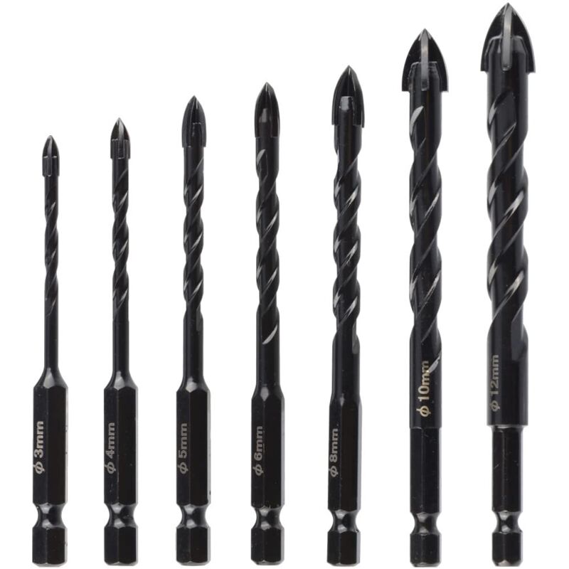 7-teiliges Betonbohrer-Set, schwarze Bohrer mit 4 harten Schneidkanten, multifunktionales Lochbohrwerkzeug für Stein, Fliesen, Ziegelwände, Glas,