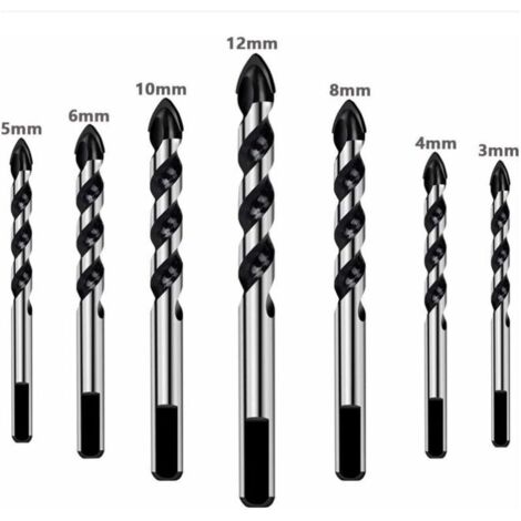 7-teiliges Bohrerset für Fliesen, Glas, Beton, Stein, Ziegel, Fliesen, Keramik und Spiegel (3 mm, 4 mm, 5 mm, 6 mm, 8 mm, 10 mm, 12 mm)