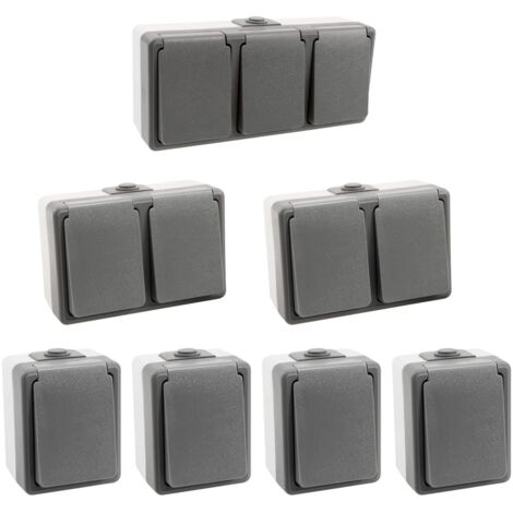 7 teiliges Feuchtraum Aufputz Steckdosen Set 1-fach 2-fach 3-fach IP44 Horizontal Secure
