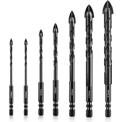 7-teiliges Fliesenbohrer-Set, 3 – 12 mm Glasbohrer, Sechskantschaftbohrer, Mehrzweckbohrer-Set für Keramik, Beton, Marmor, Glas, Kunststoff, Holz, Mauerwerk