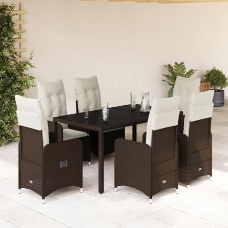 7-teiliges Garten Bistro Set mit braunen Kissen aus Poly-Rattan
