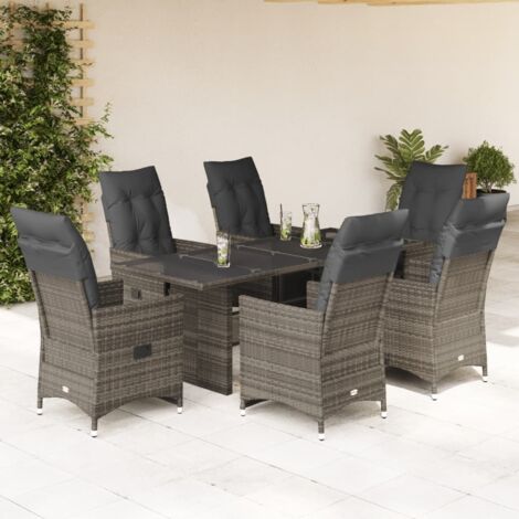 7-teiliges Garten-Bistro-Set mit grauen Kissen aus Poly-Rattan
