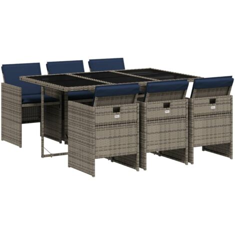 7-teiliges Garten-Ess-Set mit Kissen, grau, Polyrattan vidaXL