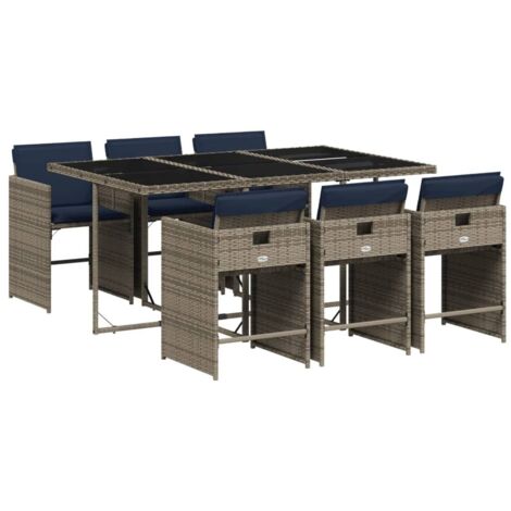 7-teiliges Garten-Ess-Set mit Kissen, grau, Polyrattan vidaXL