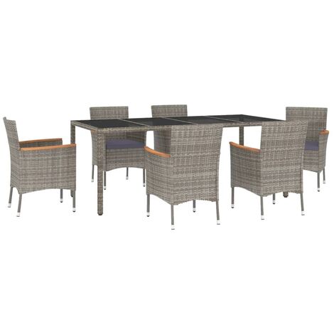 7-teiliges Garten-Essgruppen-Set mit Kissen Grau Rattan