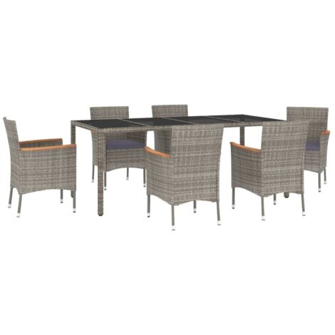 7-teiliges Garten-Essgruppen-Set mit Kissen Grau Rattan