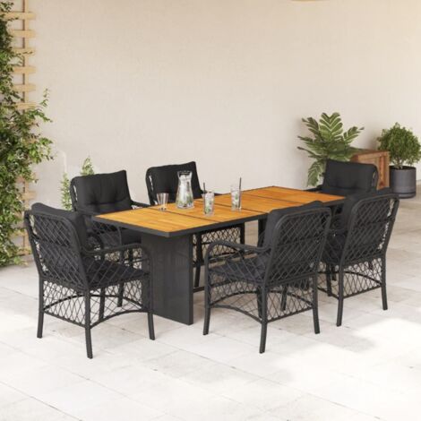 7-teiliges Gartenmöbel-Set mit Kissen Schwarz Rattan